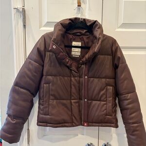 Abercrombie & Fitch Brown Vegan Leather Mini Puffer Jacket